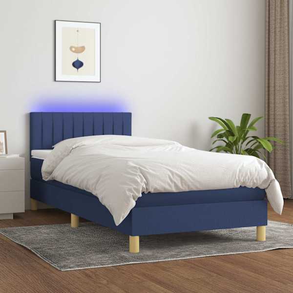 LED-valgustusega kontinentaalvoodi koos madratsiga, sinine, 100 × 200 cm, kangas — mudel 3133859
