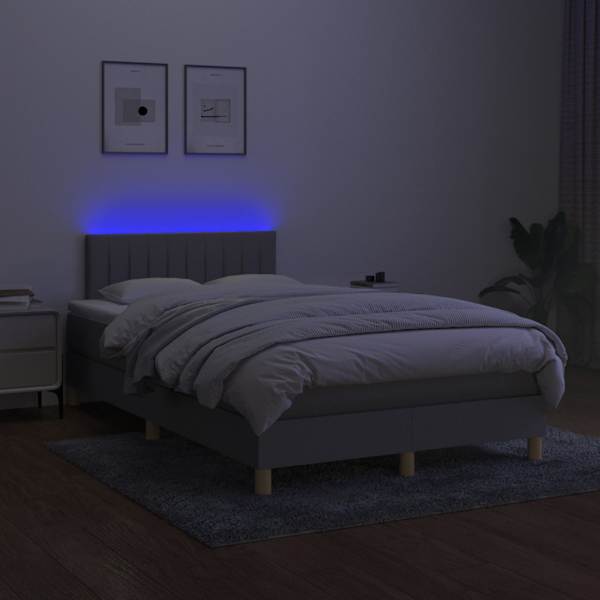 LED-valgustusega kontinentaalvoodi koos madratsiga, helehall, 120 × 200 cm, kangas — mudel 3133861