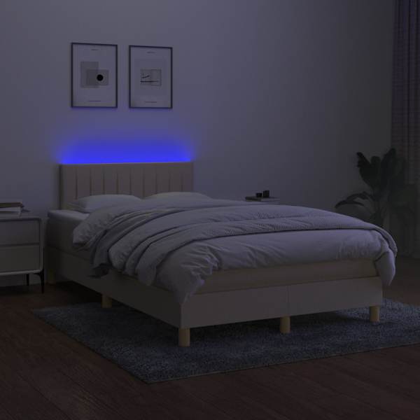 LED-valgustusega kontinentaalvoodi koos madratsiga, kreemjasvalge, 120 × 200 cm, kangas — mudel 3133866