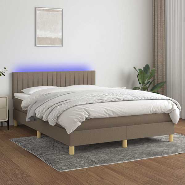 LED-valgustusega kontinentaalvoodi koos madratsiga, pruunikashall, 140 × 190 cm, kangas — mudel 3133873