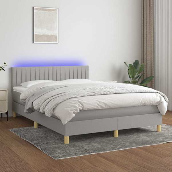 LED-valgustusega kontinentaalvoodi koos madratsiga, helehall, 140 × 200 cm, kangas — mudel 3133877