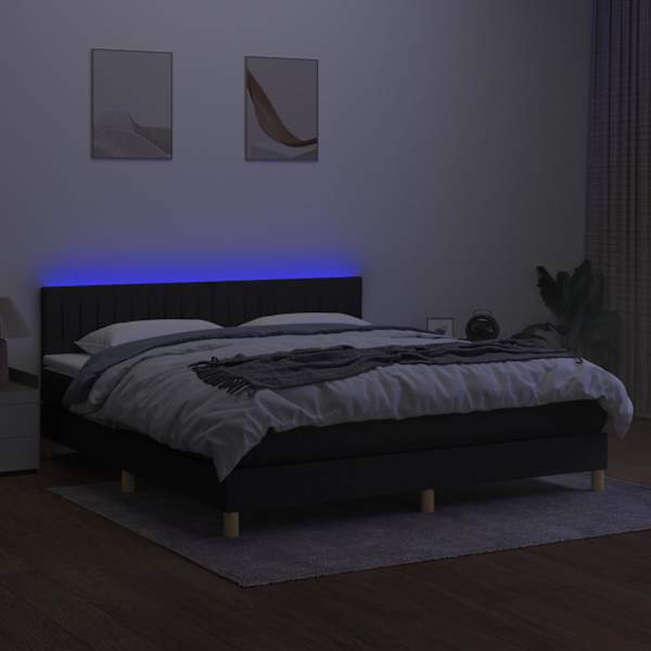 LED-valgustusega kontinentaalvoodi koos madratsiga, must, 160 × 200 cm, kangas — mudel 3133887