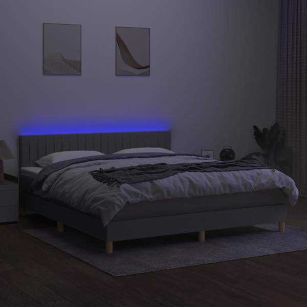 LED-valgustusega kontinentaalvoodi koos madratsiga, helehall, 180 × 200 cm, kangas — mudel 3133893