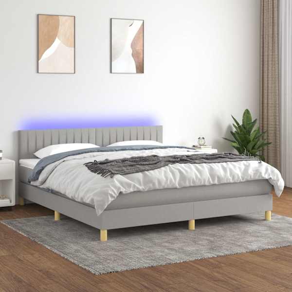 LED-valgustusega kontinentaalvoodi koos madratsiga, helehall, 180 × 200 cm, kangas — mudel 3133893