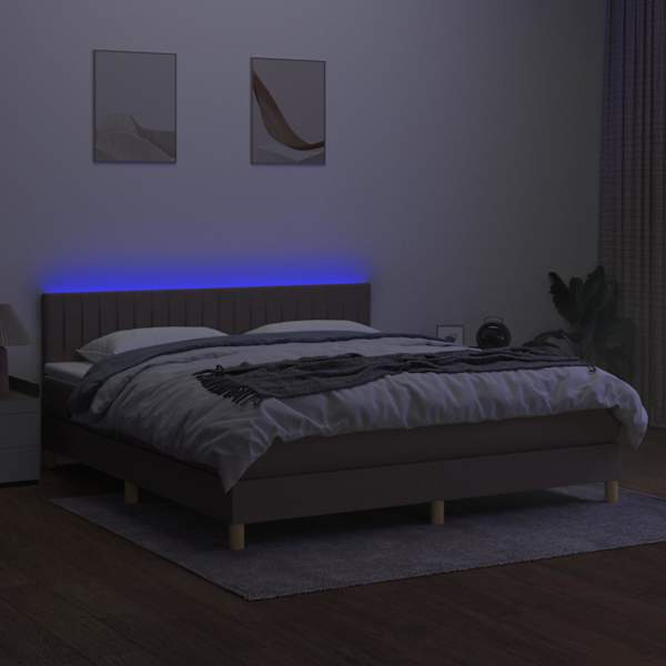 LED-valgustusega kontinentaalvoodi koos madratsiga, pruunikashall, 180 × 200 cm, kangas — mudel 3133897