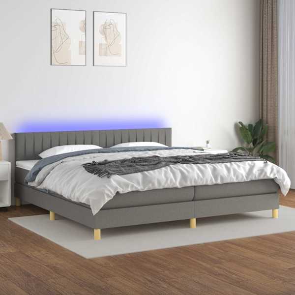 LED-valgustusega kontinentaalvoodi koos 2 madratsiga, tumehall, 200 × 200 cm, kangas — mudel 3133902