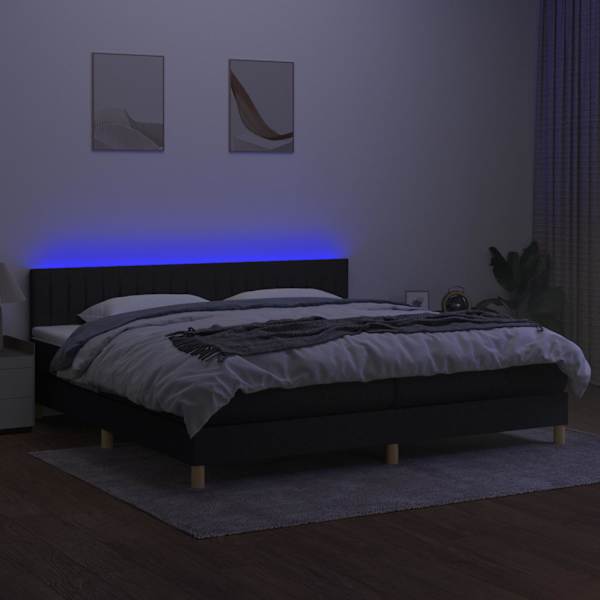 LED-valgustusega kontinentaalvoodi koos 2 madratsiga, must, 200 × 200 cm, kangas — mudel 3133903