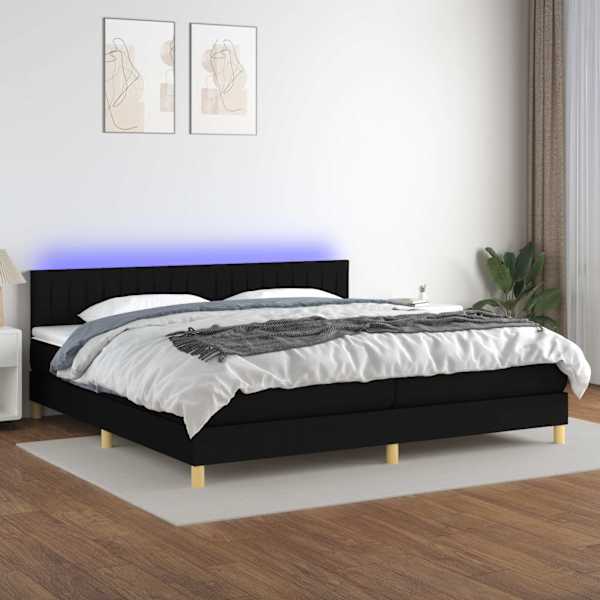 LED-valgustusega kontinentaalvoodi koos 2 madratsiga, must, 200 × 200 cm, kangas — mudel 3133903