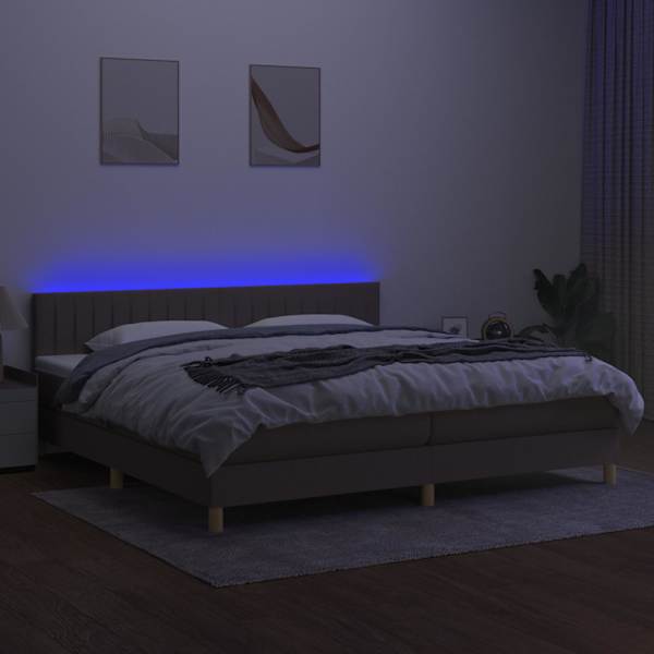 LED-valgustusega kontinentaalvoodi koos 2 madratsiga, pruunikashall, 200 × 200 cm, kangas — mudel 3133905