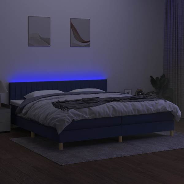 LED-valgustusega kontinentaalvoodi koos 2 madratsiga, sinine, 200 × 200 cm, kangas — mudel 3133907