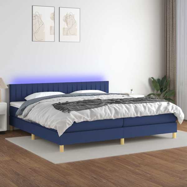 LED-valgustusega kontinentaalvoodi koos 2 madratsiga, sinine, 200 × 200 cm, kangas — mudel 3133907