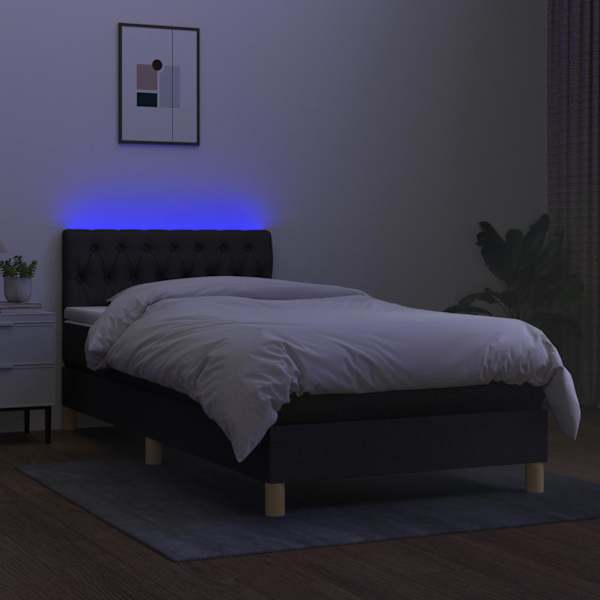 LED-valgustusega kontinentaalvoodi koos madratsiga, must, 90 × 190 cm, kangas — mudel 3133919