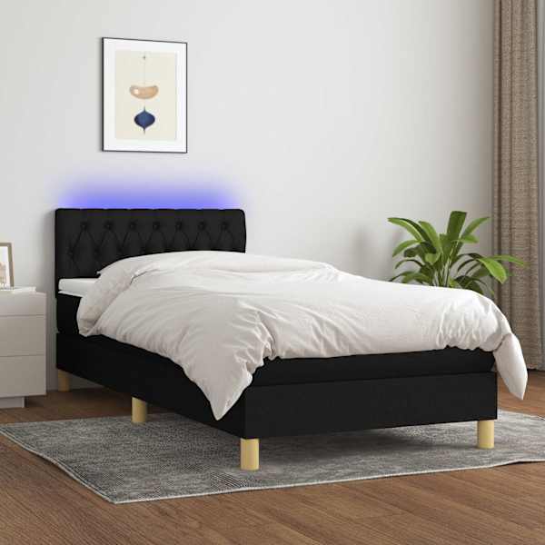 LED-valgustusega kontinentaalvoodi koos madratsiga, must, 90 × 190 cm, kangas — mudel 3133919
