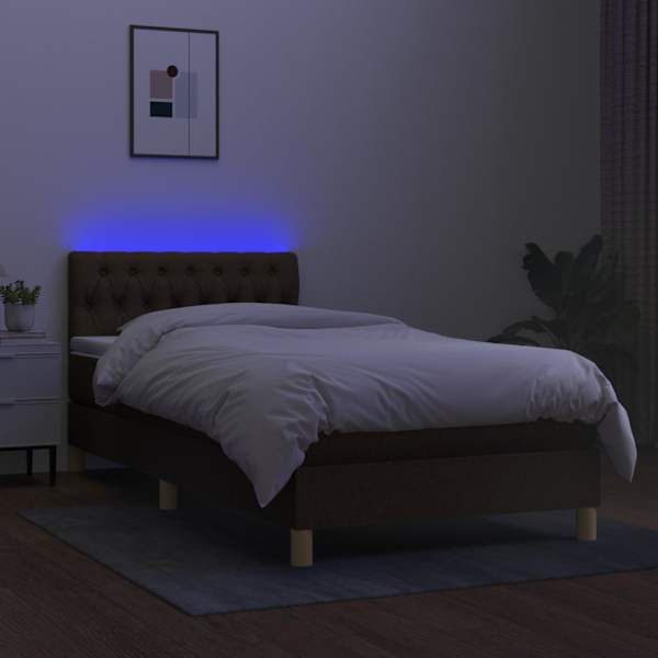 LED-valgustusega kontinentaalvoodi koos madratsiga, tumepruun, 90 × 190 cm, kangas — mudel 3133920