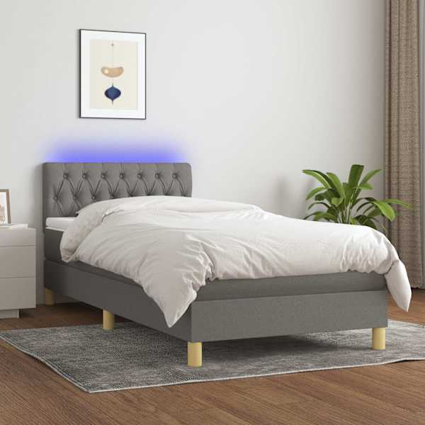 LED-valgustusega kontinentaalvoodi koos madratsiga, tumehall, 100 × 200 cm, kangas — mudel 3133934