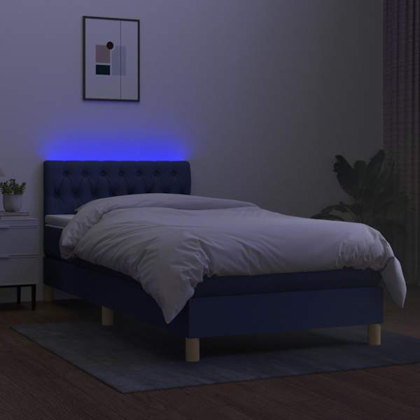 LED-valgustusega kontinentaalvoodi koos madratsiga, sinine, 100 × 200 cm, kangas — mudel 3133939