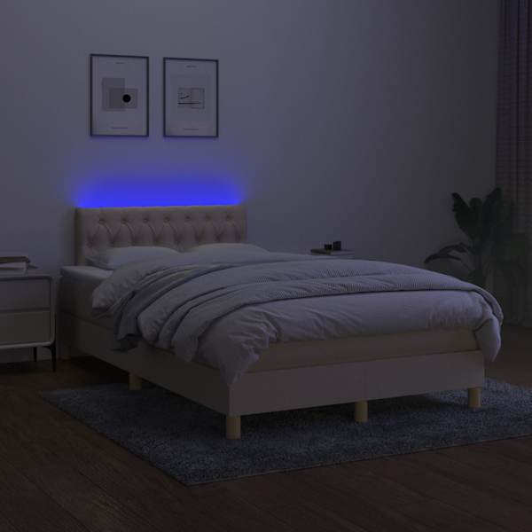 LED-valgustusega kontinentaalvoodi koos madratsiga, kreemjasvalge, 120 × 200 cm, kangas — mudel 3133946