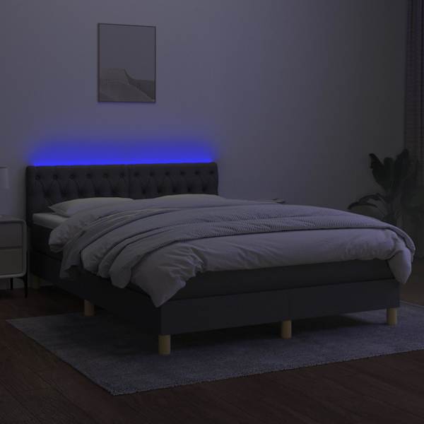 LED-valgustusega kontinentaalvoodi koos madratsiga, tumehall, 140 × 200 cm, kangas — mudel 3133958