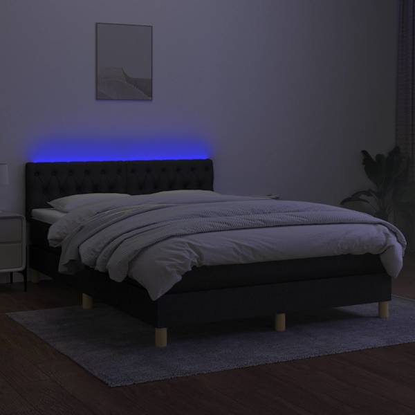 LED-valgustusega kontinentaalvoodi koos madratsiga, must, 140 × 200 cm, kangas — mudel 3133959