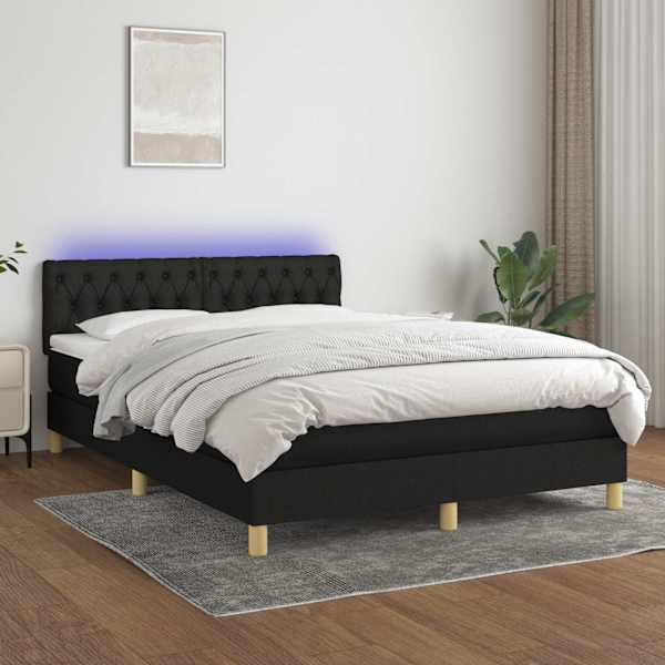 LED-valgustusega kontinentaalvoodi koos madratsiga, must, 140 × 200 cm, kangas — mudel 3133959