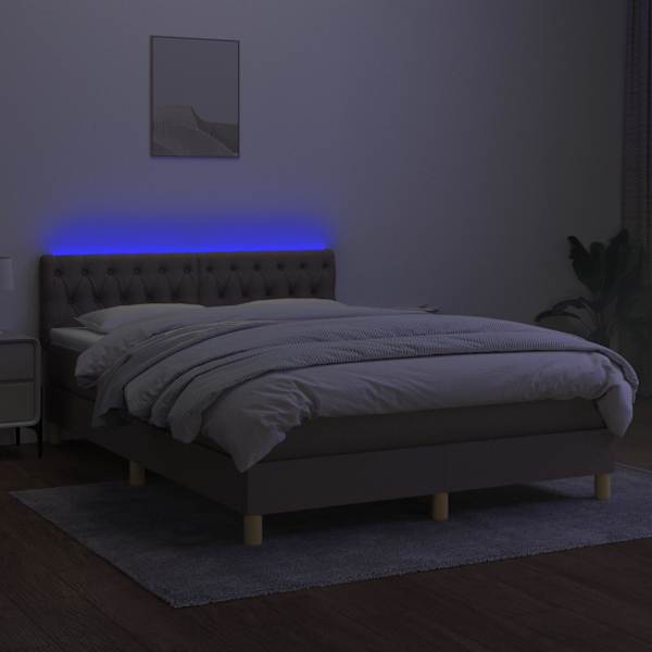 LED-valgustusega kontinentaalvoodi koos madratsiga, pruunikashall, 140 × 200 cm, kangas — mudel 3133961