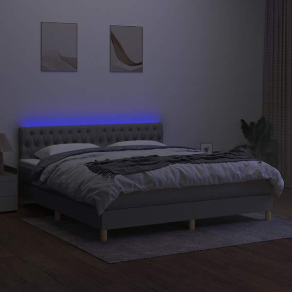 LED-valgustusega kontinentaalvoodi koos madratsiga, helehall, 160 × 200 cm, kangas — mudel 3133965
