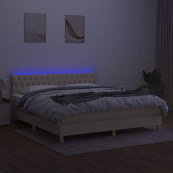 LED-valgustusega kontinentaalvoodi koos madratsiga, kreemjasvalge, 160 × 200 cm, kangas — mudel 3133970