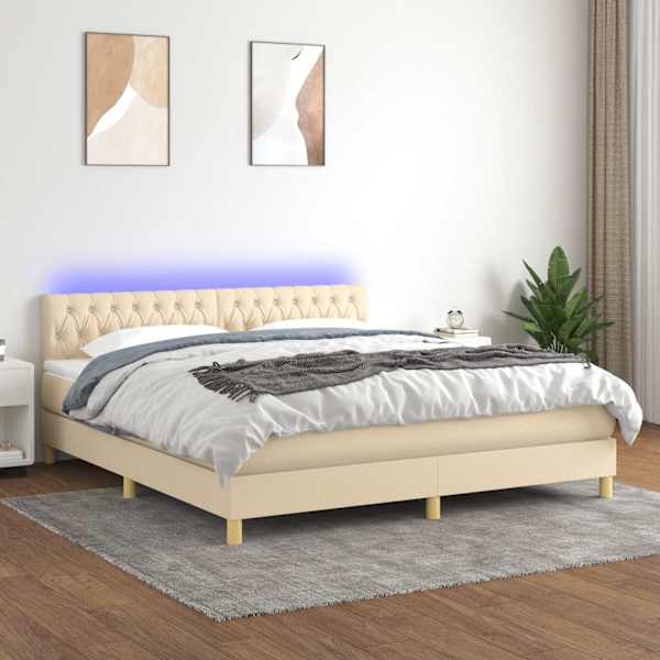 LED-valgustusega kontinentaalvoodi koos madratsiga, kreemjasvalge, 160 × 200 cm, kangas — mudel 3133970