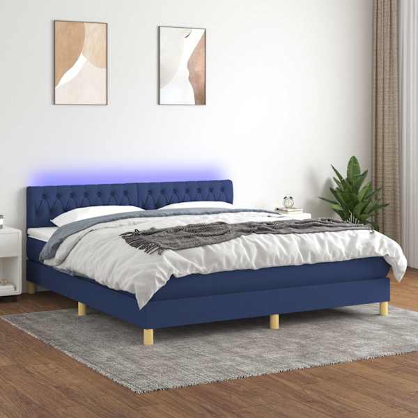 LED-valgustusega kontinentaalvoodi koos madratsiga, sinine, 160 × 200 cm, kangas — mudel 3133971