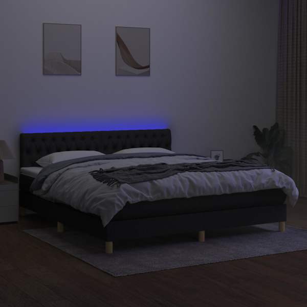 LED-valgustusega kontinentaalvoodi koos madratsiga, must, 180 × 200 cm, kangas — mudel 3133975