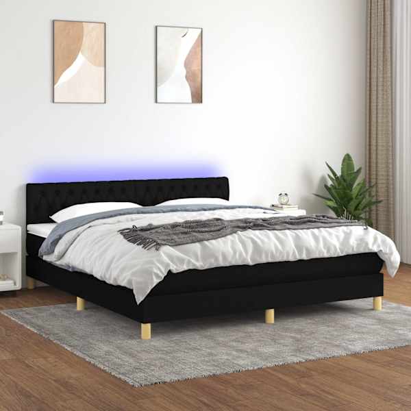 LED-valgustusega kontinentaalvoodi koos madratsiga, must, 180 × 200 cm, kangas — mudel 3133975