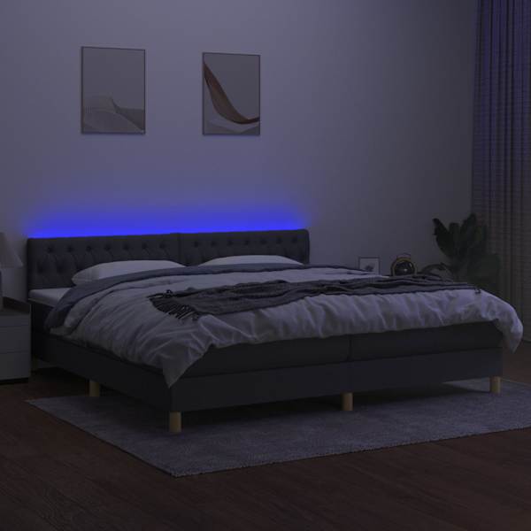 LED-valgustusega kontinentaalvoodi koos 2 madratsiga, tumehall, 200 × 200 cm, kangas — mudel 3133982