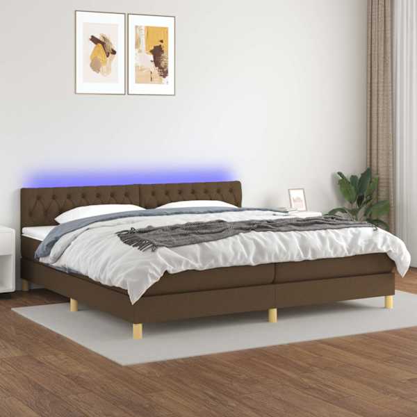 LED-valgustusega kontinentaalvoodi koos 2 madratsiga, tumepruun, 200 × 200 cm, kangas — mudel 3133984