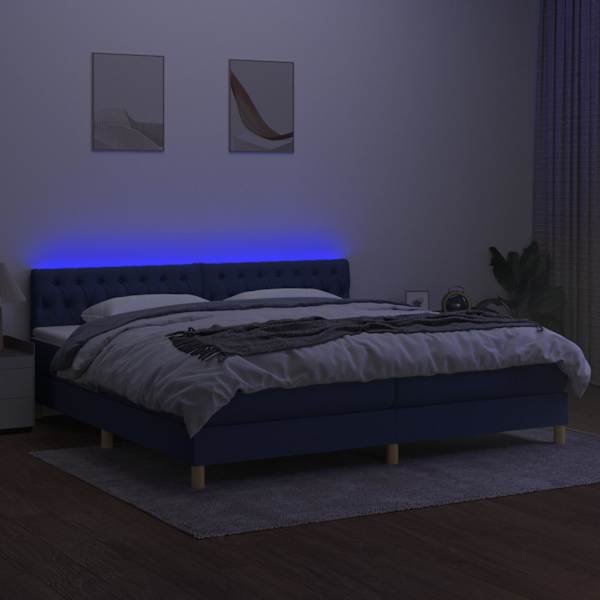 LED-valgustusega kontinentaalvoodi koos 2 madratsiga, sinine, 200 × 200 cm, kangas — mudel 3133987