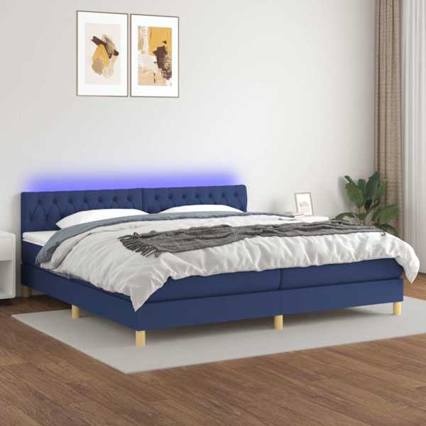 LED-valgustusega kontinentaalvoodi koos 2 madratsiga, sinine, 200 × 200 cm, kangas — mudel 3133987