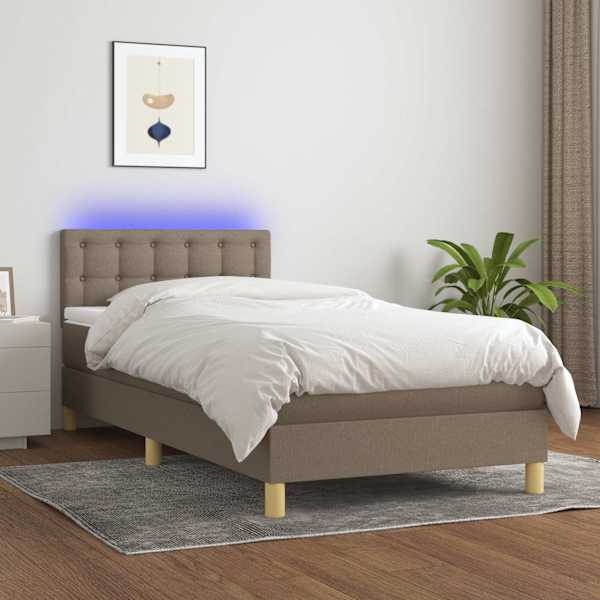 LED-valgustusega kontinentaalvoodi koos madratsiga, pruunikashall, 90 × 190 cm, kangas — mudel 3134001