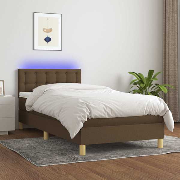 LED-valgustusega kontinentaalvoodi koos madratsiga, tumepruun, 100 × 200 cm, kangas — mudel 3134016
