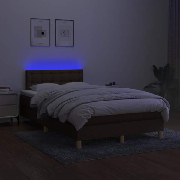 LED-valgustusega kontinentaalvoodi koos madratsiga, tumepruun, 120 × 200 cm, kangas — mudel 3134024