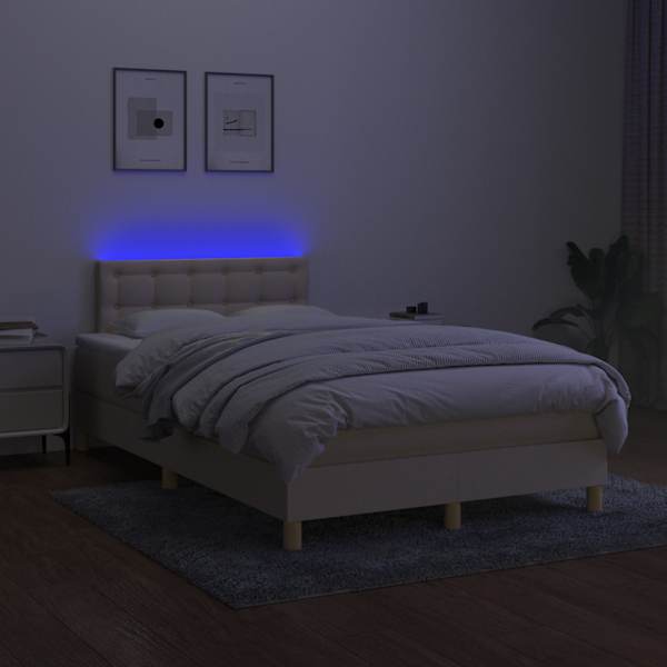 LED-valgustusega kontinentaalvoodi koos madratsiga, kreemjasvalge, 120 × 200 cm, kangas — mudel 3134026