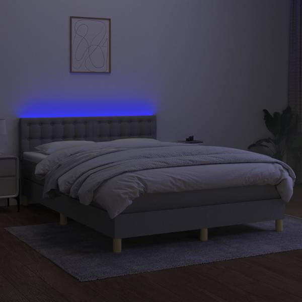 LED-valgustusega kontinentaalvoodi koos madratsiga, helehall, 140 × 190 cm, kangas — mudel 3134029