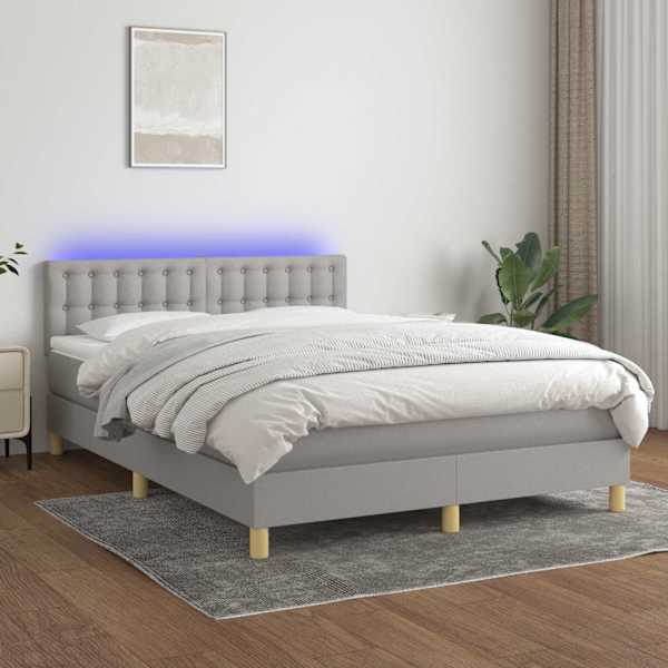 LED-valgustusega kontinentaalvoodi koos madratsiga, helehall, 140 × 190 cm, kangas — mudel 3134029