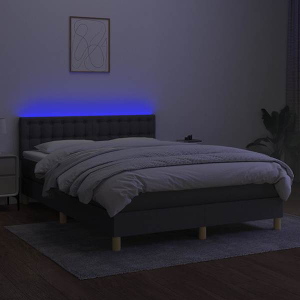 LED-valgustusega kontinentaalvoodi koos madratsiga, tumehall, 140 × 190 cm, kangas — mudel 3134030