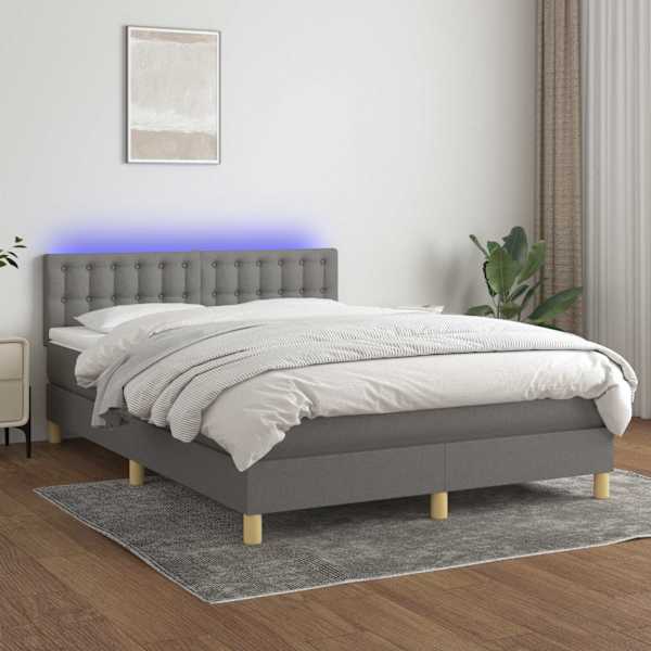 LED-valgustusega kontinentaalvoodi koos madratsiga, tumehall, 140 × 190 cm, kangas — mudel 3134030