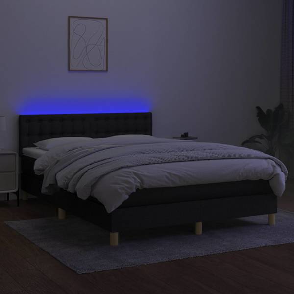 LED-valgustusega kontinentaalvoodi koos madratsiga, must, 140 × 190 cm, kangas — mudel 3134031