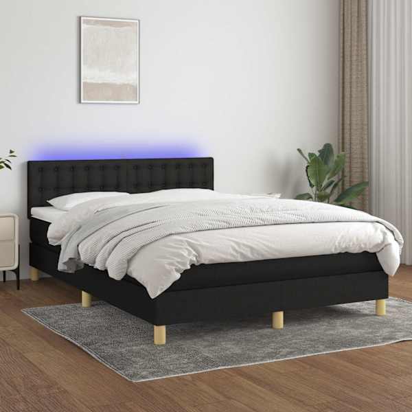 LED-valgustusega kontinentaalvoodi koos madratsiga, must, 140 × 190 cm, kangas — mudel 3134031