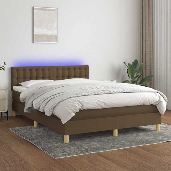 LED-valgustusega kontinentaalvoodi koos madratsiga, tumepruun, 140 × 190 cm, kangas — mudel 3134032
