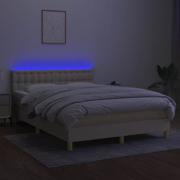 LED-valgustusega kontinentaalvoodi koos madratsiga, kreemjasvalge, 140 × 200 cm, kangas — mudel 3134042