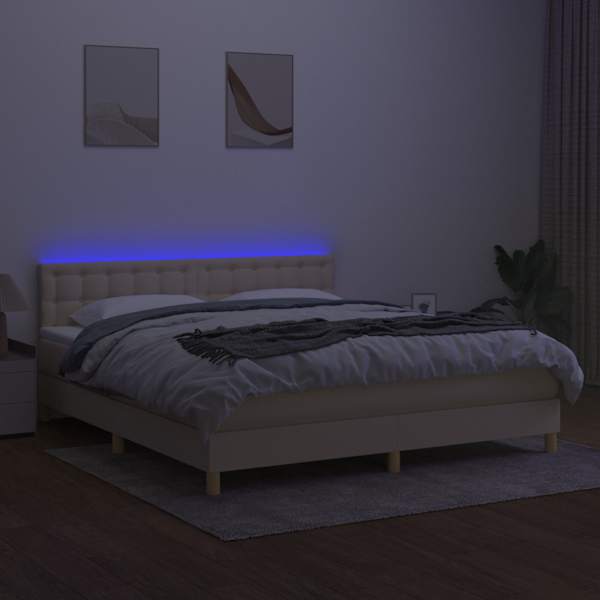 LED-valgustusega kontinentaalvoodi koos madratsiga, kreemjasvalge, 160 × 200 cm, kangas — mudel 3134050