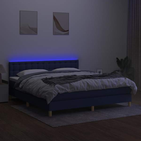 LED-valgustusega kontinentaalvoodi koos madratsiga, sinine, 180 × 200 cm, kangas — mudel 3134059