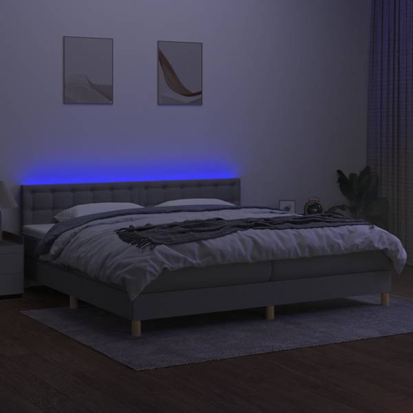 LED-valgustusega kontinentaalvoodi koos 2 madratsiga, helehall, 200 × 200 cm, kangas — mudel 3134061